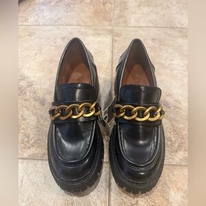 Zara Black Leather Loafers with Gold Chain